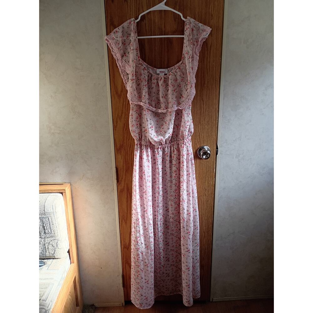 BONGO Y2K Pink Floral Ruffle Maxi Dress Cottagecore Coquette Festival 90s